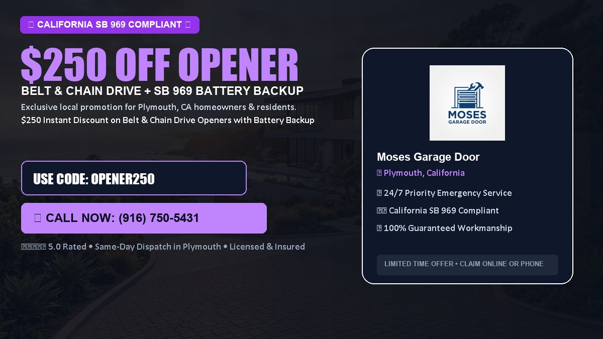 $250 OFF Smart Garage Door Opener Installation (Belt & Chain Drive with California SB 969 Battery Backup) in Plymouth, CA