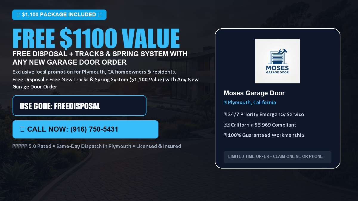 Free Disposal + Free New Tracks & Spring System with Any New Garage Door Order ($1100 Value) in Plymouth, CA